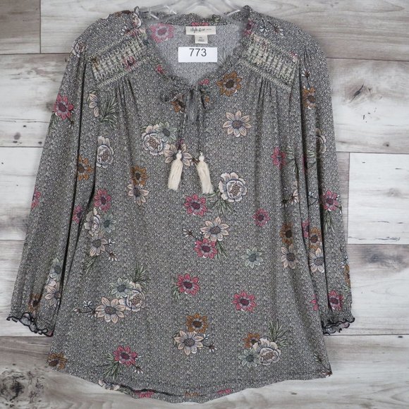 Style & Co.* Women's Long Sleeve Ruffled Boat Neck Keyhole Tassel Blouse~Size PL - Picture 2 of 12